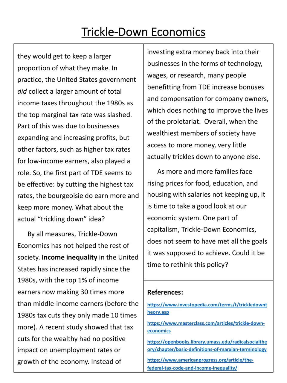 Passage part 2: students read evidence that tax cuts for the wealthy widened income inequality, followed by references