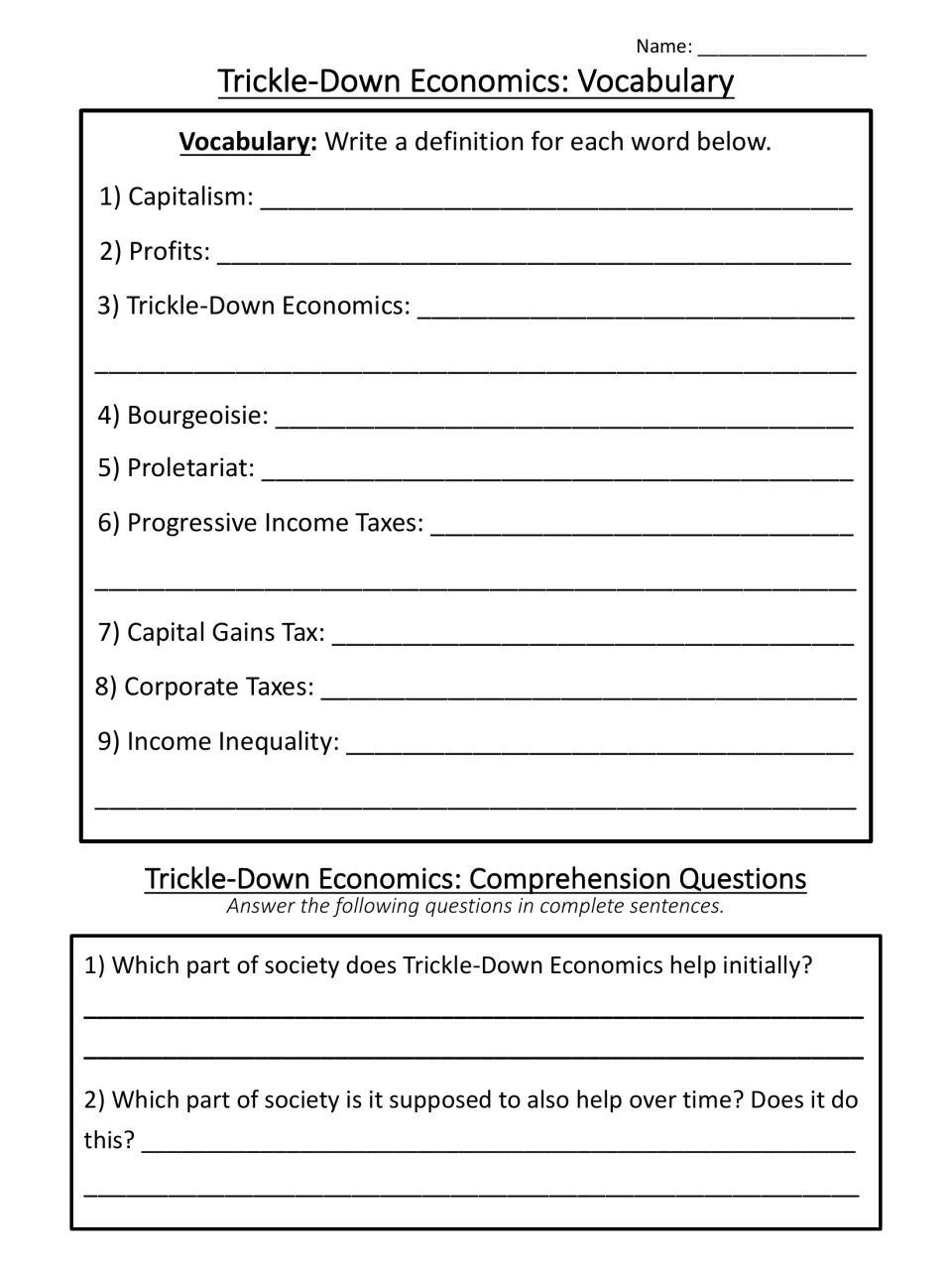 Economics vocabulary: students define 9 terms such as bourgeoisie and capital gains tax, then answer questions 1-2