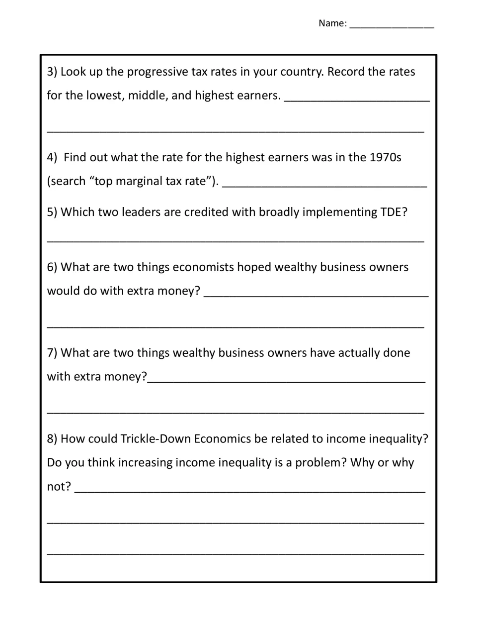 Comprehension questions 3-8: students research tax rates, name two leaders and link tax policy to income inequality