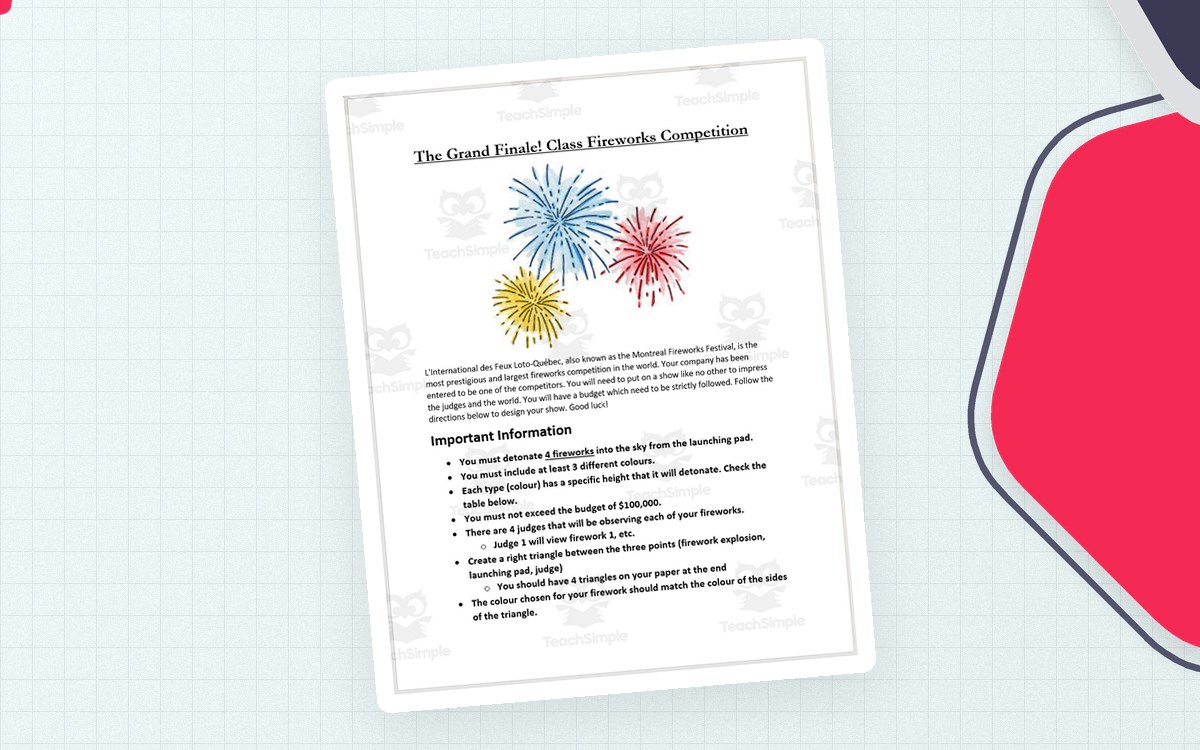 Trigonometry: Fireworks Inquiry Project worksheet page with the activity title and student response area.