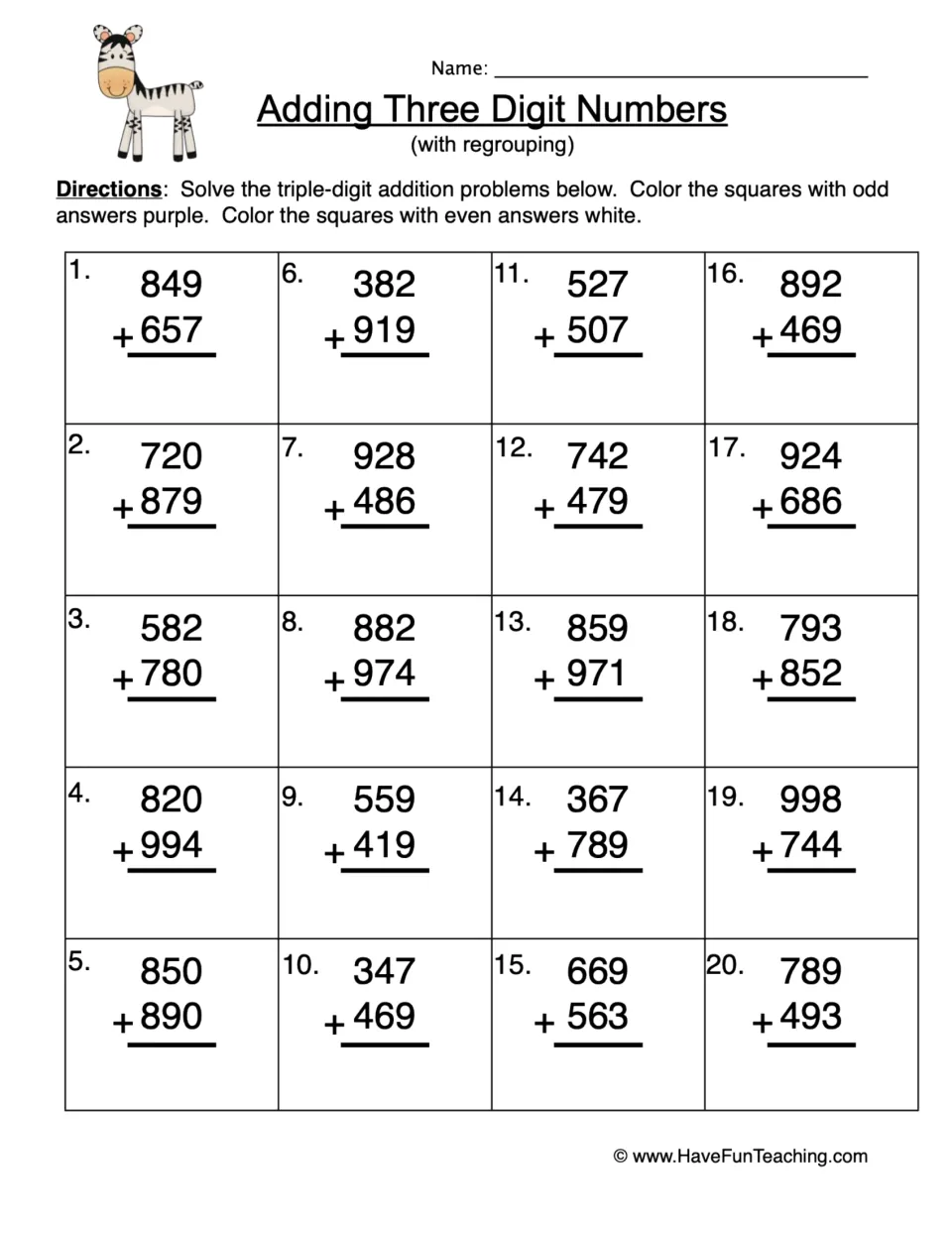 Addition practice: 20 three-digit problems with regrouping; color odd answers purple and even answers white.