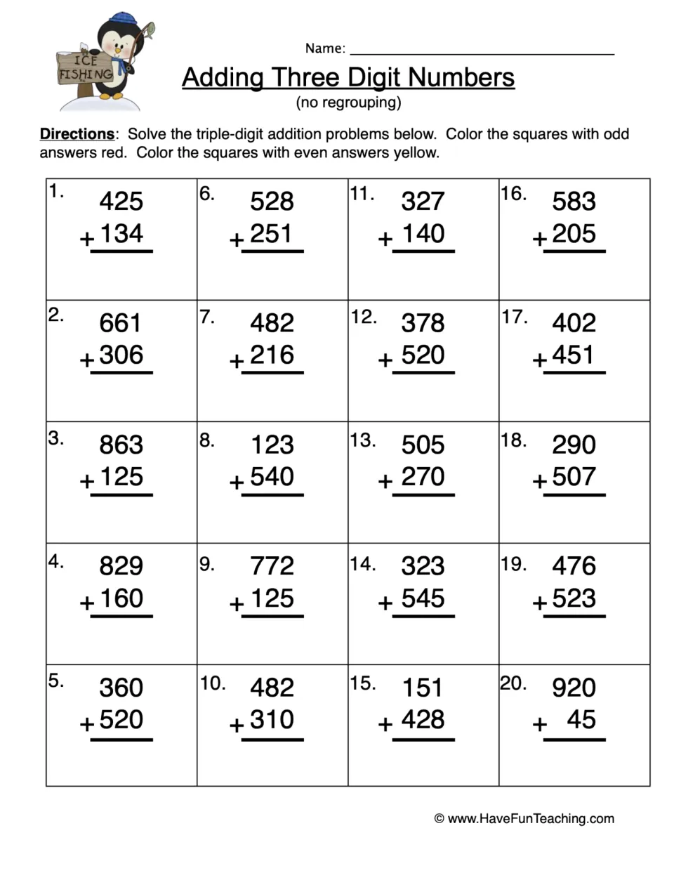 Adding three-digit numbers without regrouping: students solve 20 problems, then color odd sums red and even sums yellow
