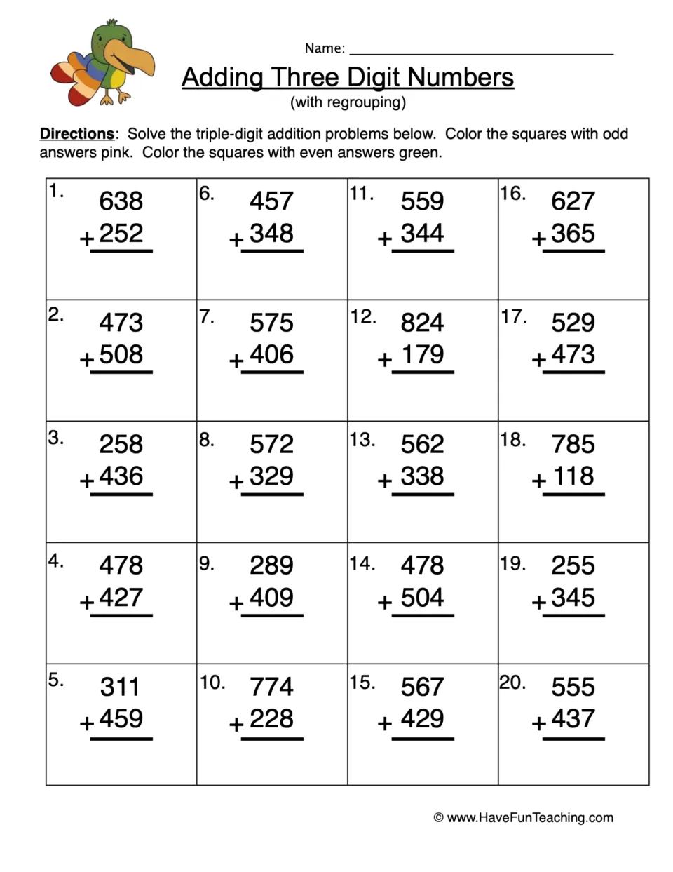 Adding three-digit numbers with regrouping: students solve 20 sums, then color odd answers pink and even answers green