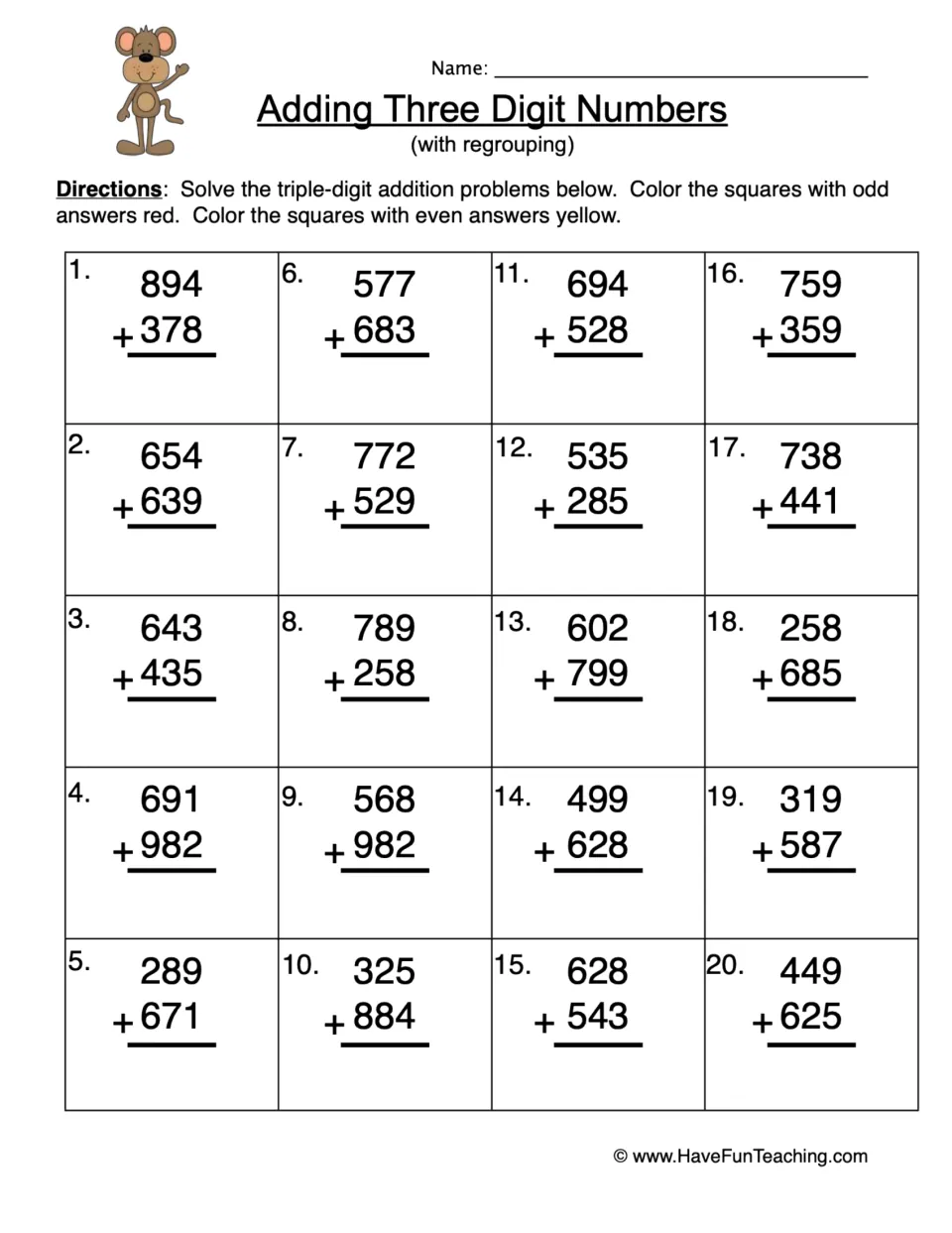 Addition practice: 20 three-digit problems with regrouping; color odd answers red and even answers yellow