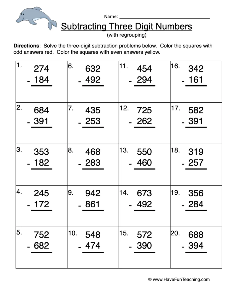 Subtracting three-digit numbers with regrouping: students solve 20 problems, then color odd answers red and even yellow