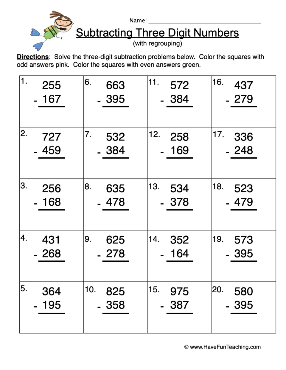 Subtracting three-digit numbers with regrouping: students solve 20 problems, then color odd answers pink and even green