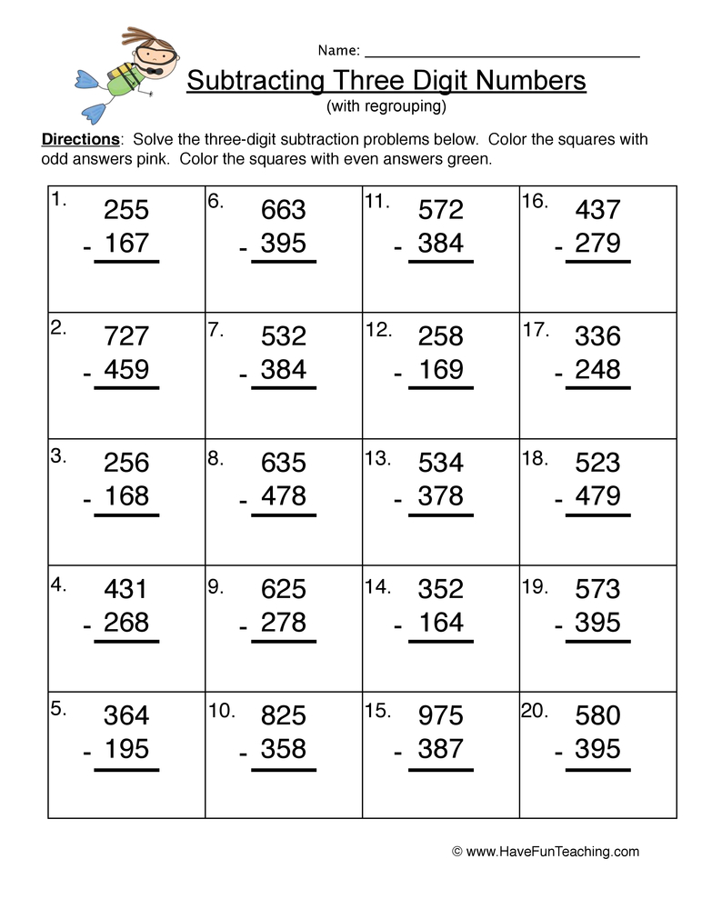 Triple Digit Number Subtraction Regrouping Worksheet teaching resource preview