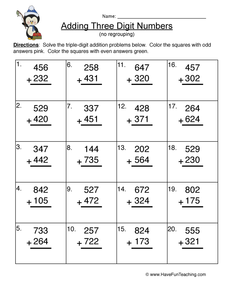 Triple Digit Numbers Adding No Regroup Worksheet teaching resource preview
