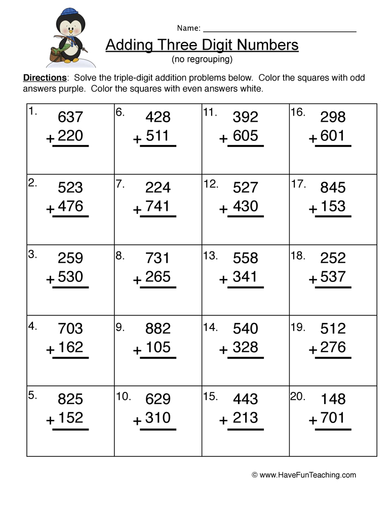 Triple Digit Numbers Addition No Regroup Worksheet teaching resource preview