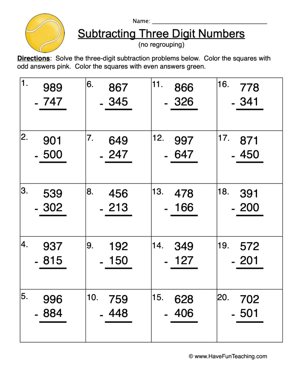 Subtraction practice: 20 three-digit problems without regrouping; color odd answers pink and even answers green.