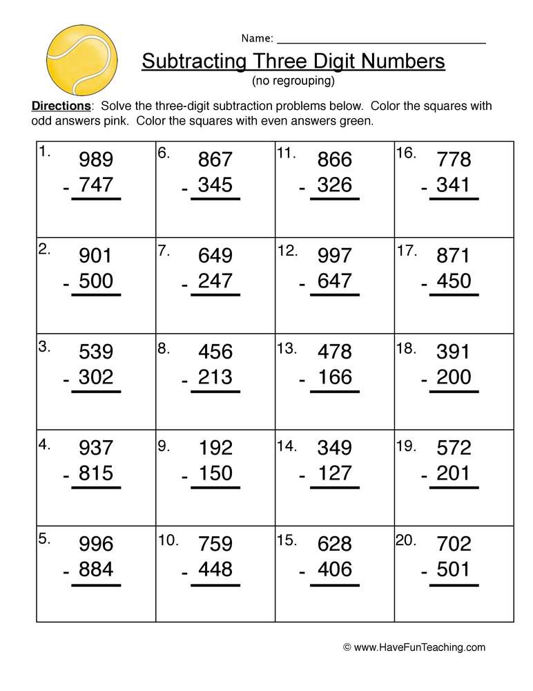 Triple Digit Subtracting No Regroup Worksheet by Teach Simple