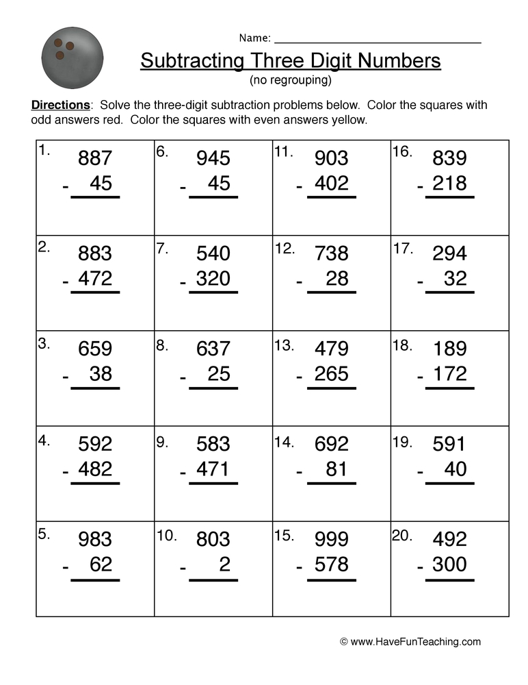 Triple Digit Subtracting No Regrouping Worksheet by Teach Simple