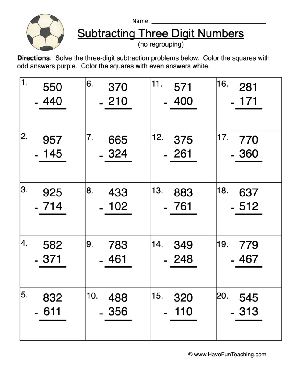 Subtracting three-digit numbers, no regrouping: students solve 20 problems, then color odd answers purple and even white