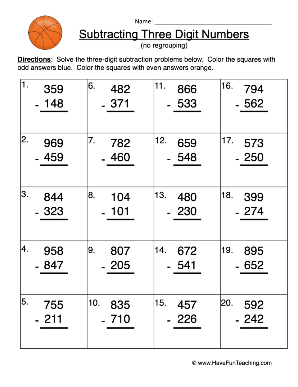 Subtracting three-digit numbers, no regrouping: students solve 20 problems, then color odd answers blue, even orange