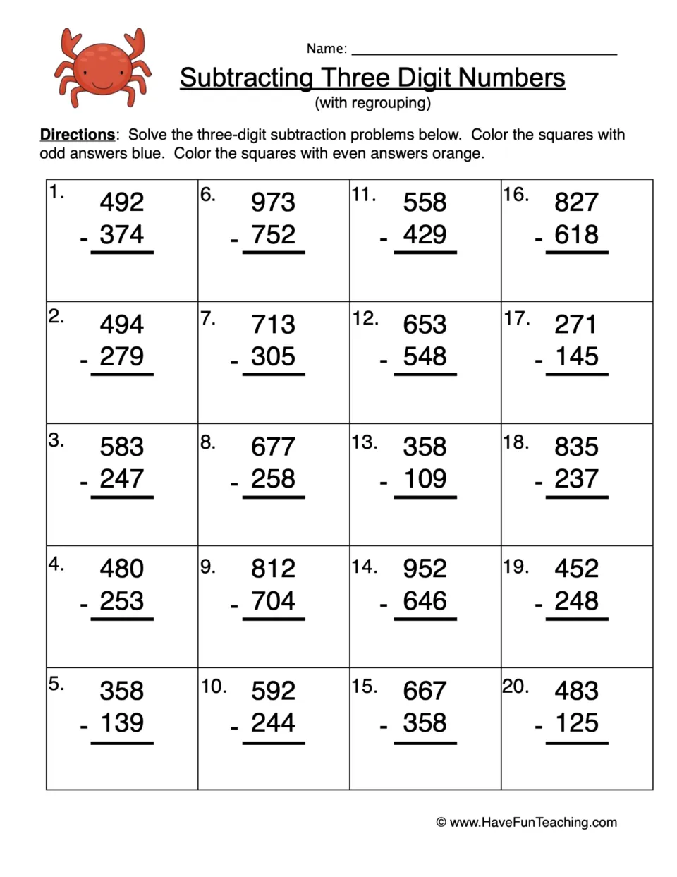 Subtraction practice: 20 three-digit problems with regrouping; color odd answers blue and even answers orange.