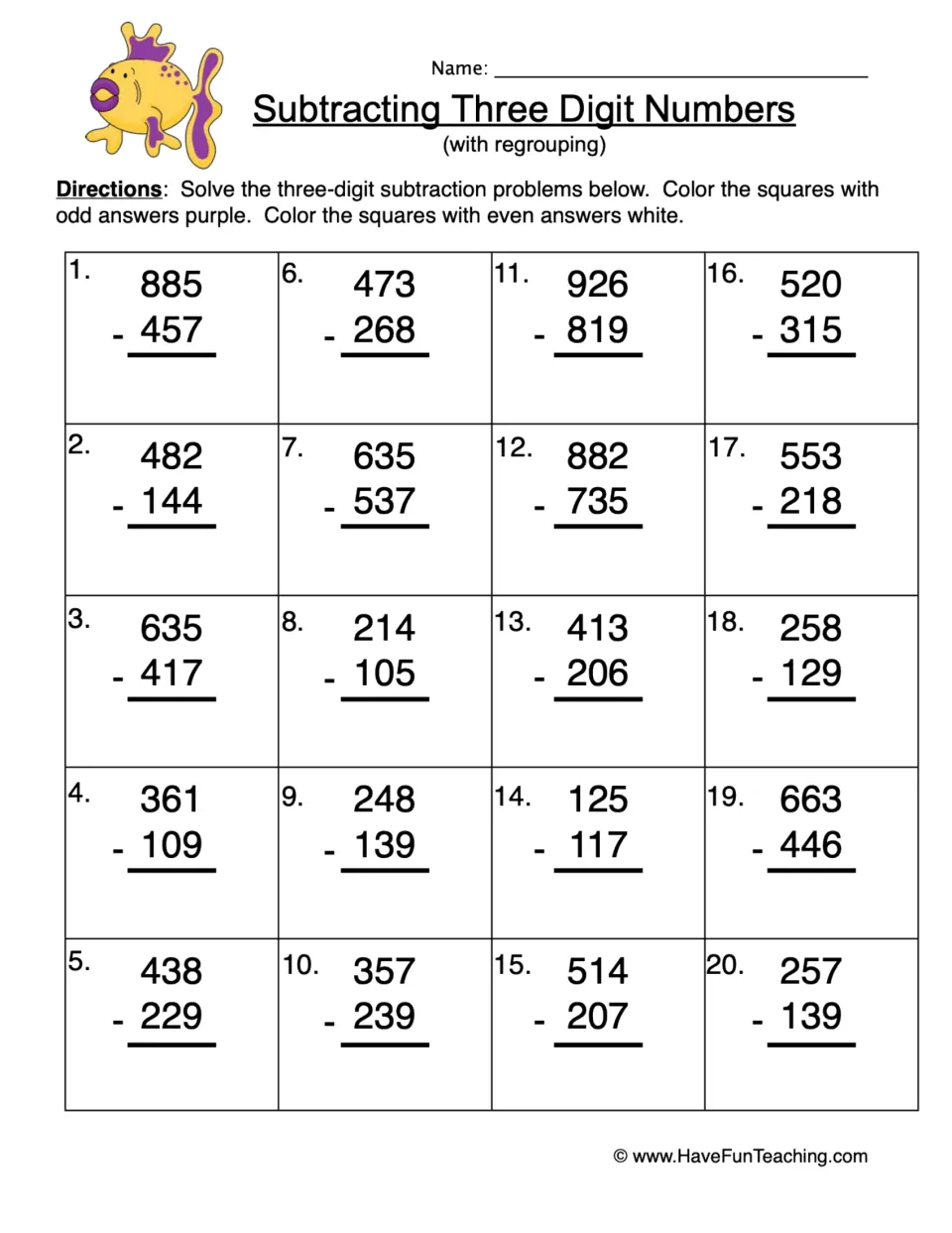 Subtracting three digit numbers with regrouping: students solve 20 problems, then color odd answers purple, even white