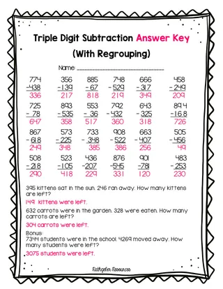 Triple Digit Subtraction with Regrouping Worksheet – sample page 2