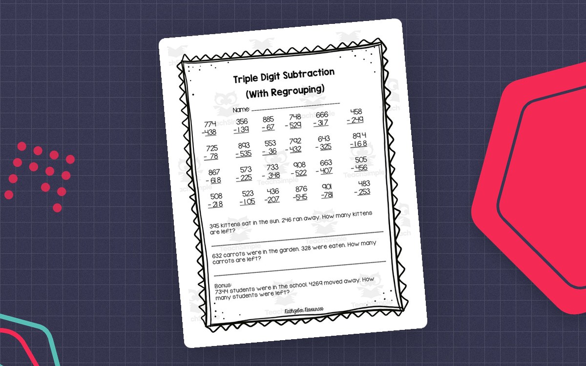 Triple Digit Subtraction with Regrouping Worksheet preview