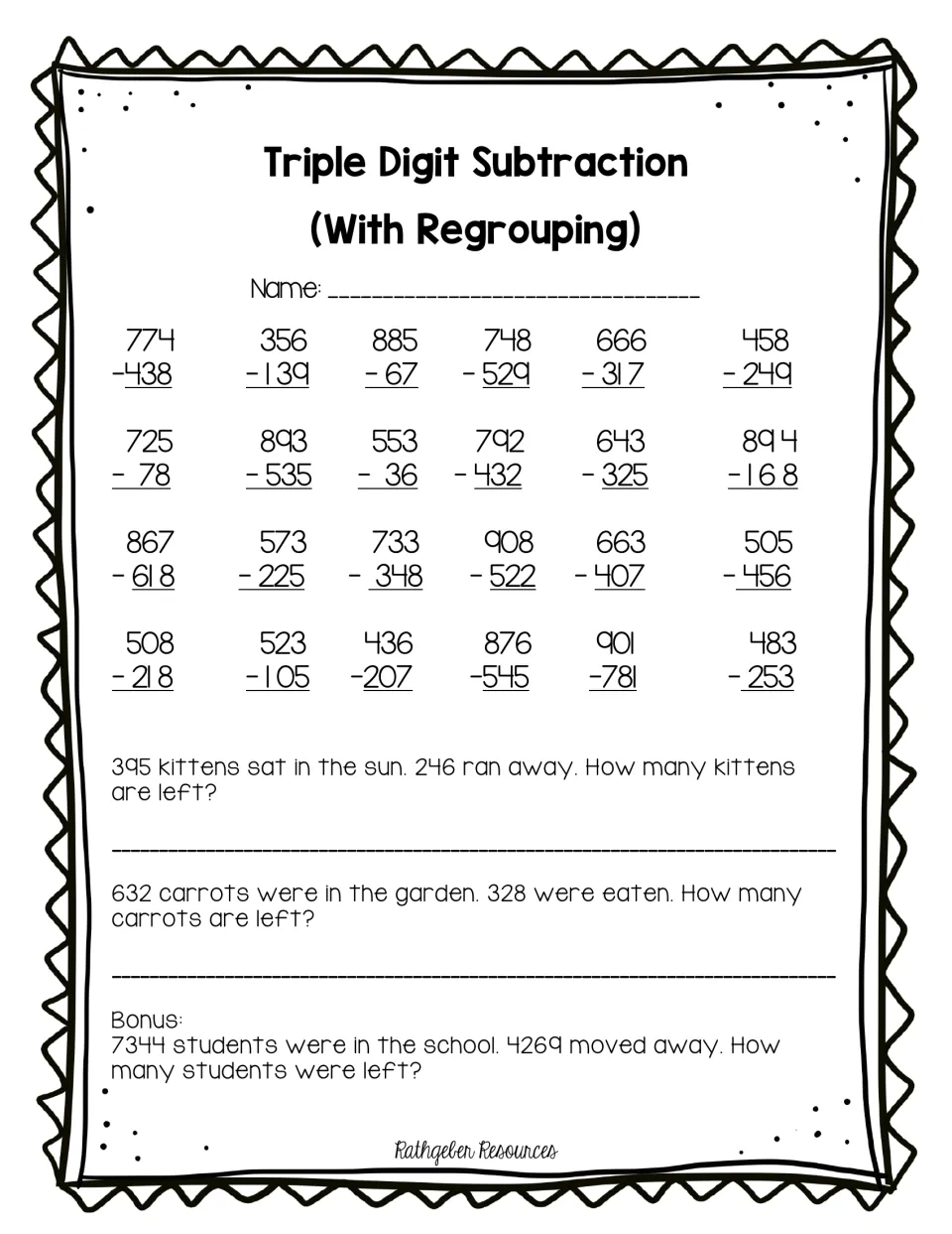 Subtraction with regrouping: students solve 24 three-digit problems, then two word problems and a four-digit bonus