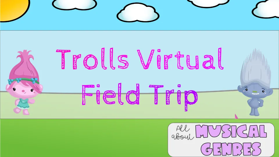 Second title slide introduces the Trolls virtual field trip and identifies musical genres as its topic.