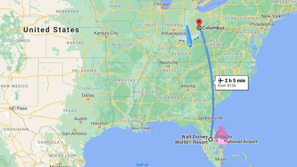 Travel map for the virtual field trip shows a flight route from Columbus to Orlando, labeled 2 h 5 min.