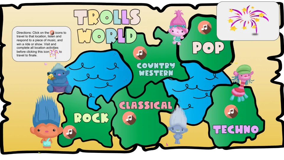 Field trip navigation map links five music genres: pop, country western, classical, rock, and techno.