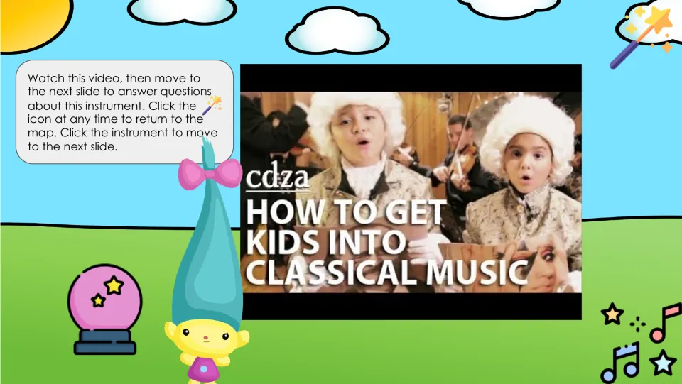 Classical music video slide features “How to Get Kids Into Classical Music” before the next slide's questions.