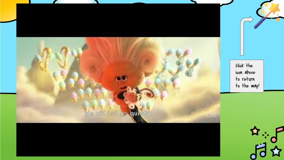 Classical music song slide shows a Trolls video scene captioned “We will not go quietly” and a return-map prompt.