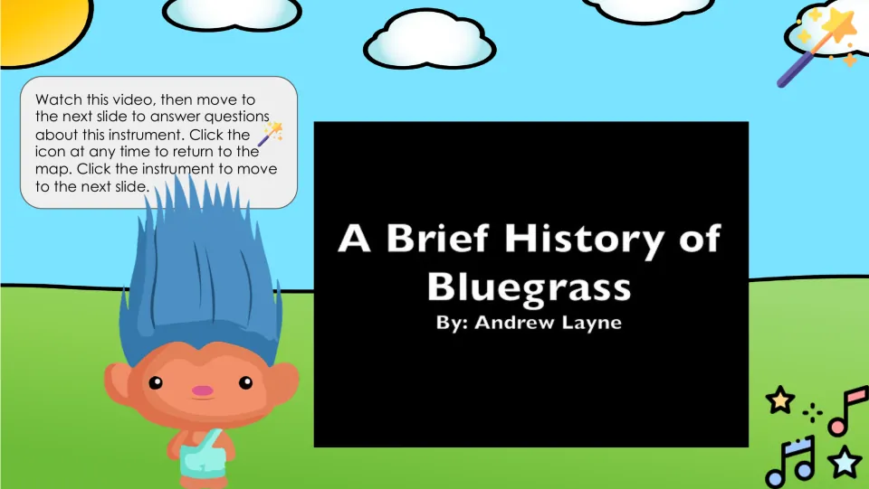 Country music video slide introduces “A Brief History of Bluegrass” by Andrew Layne before follow-up questions.