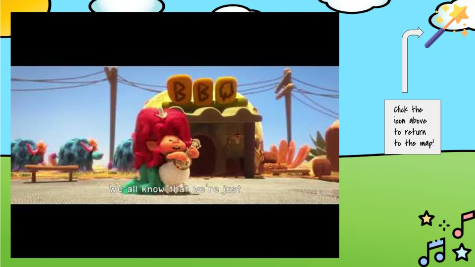 Country music song slide shows a Trolls video scene outside a BBQ building and directions to return to the map.