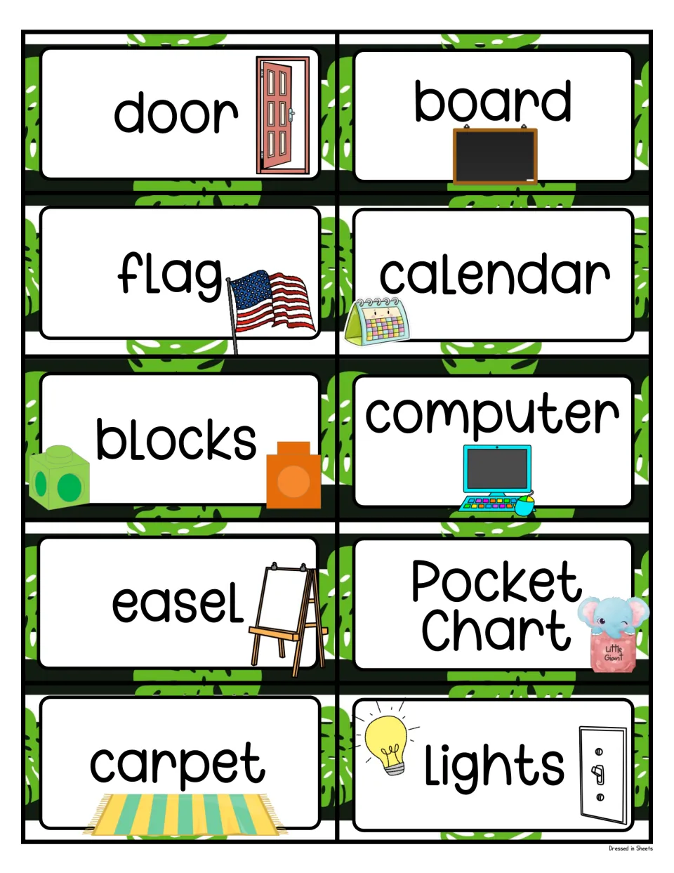 Picture labels for room areas: door, board, flag, calendar, blocks, computer, easel, pocket chart, carpet and lights