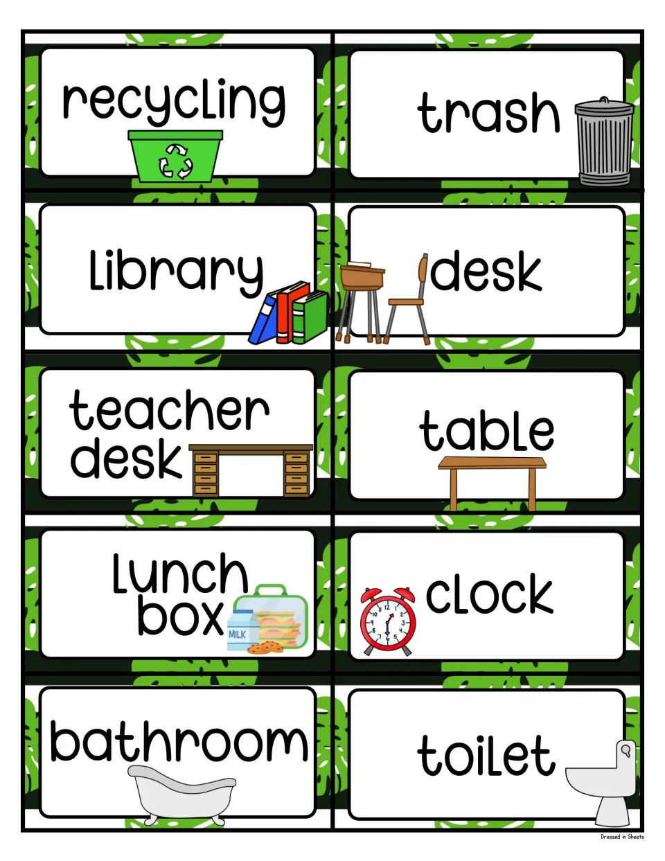 Room labels with icons: recycling, trash, library, desk, teacher desk, table, lunch box, clock, bathroom and toilet