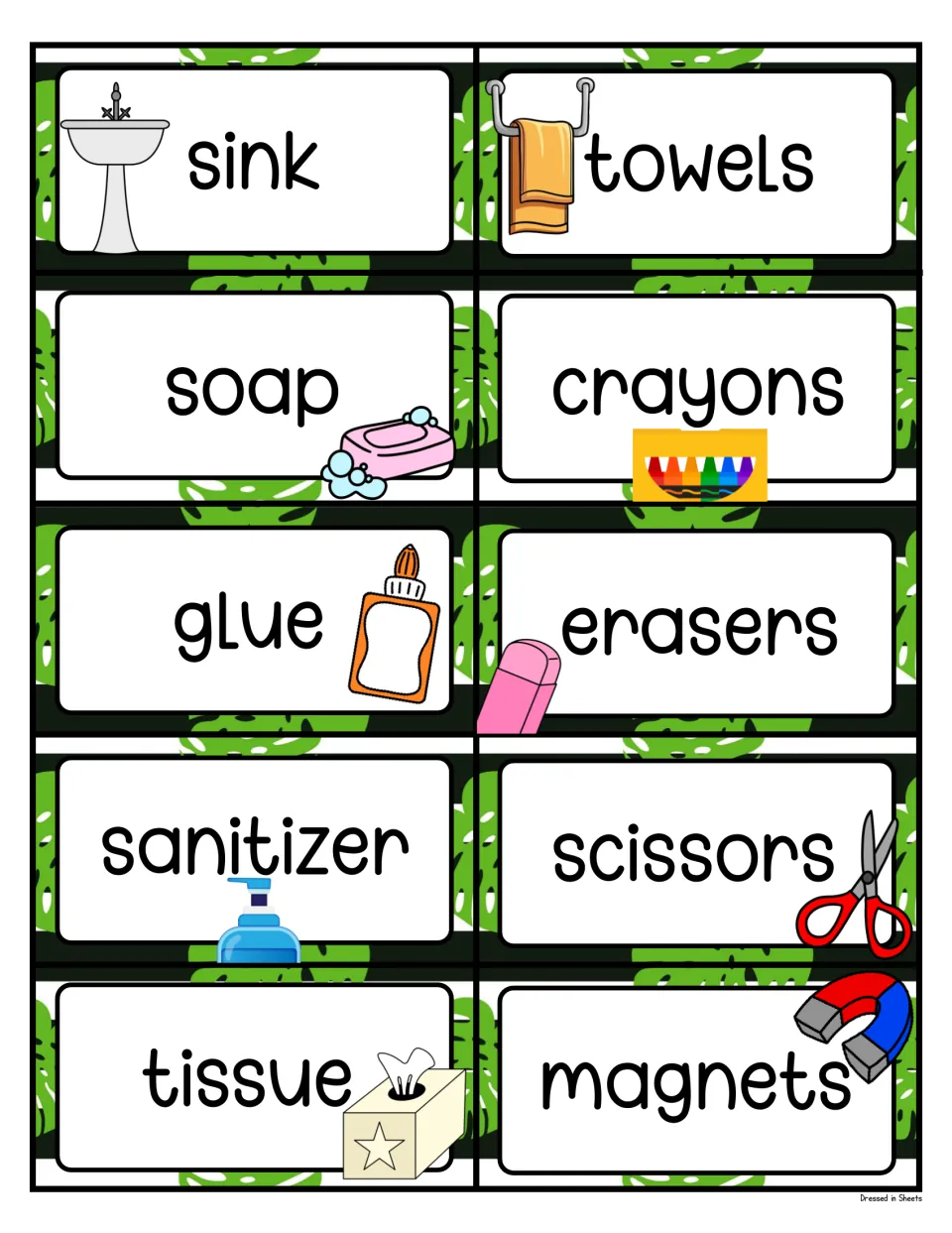 Supply and hygiene labels: sink, towels, soap, crayons, glue, erasers, sanitizer, scissors, tissue and magnets