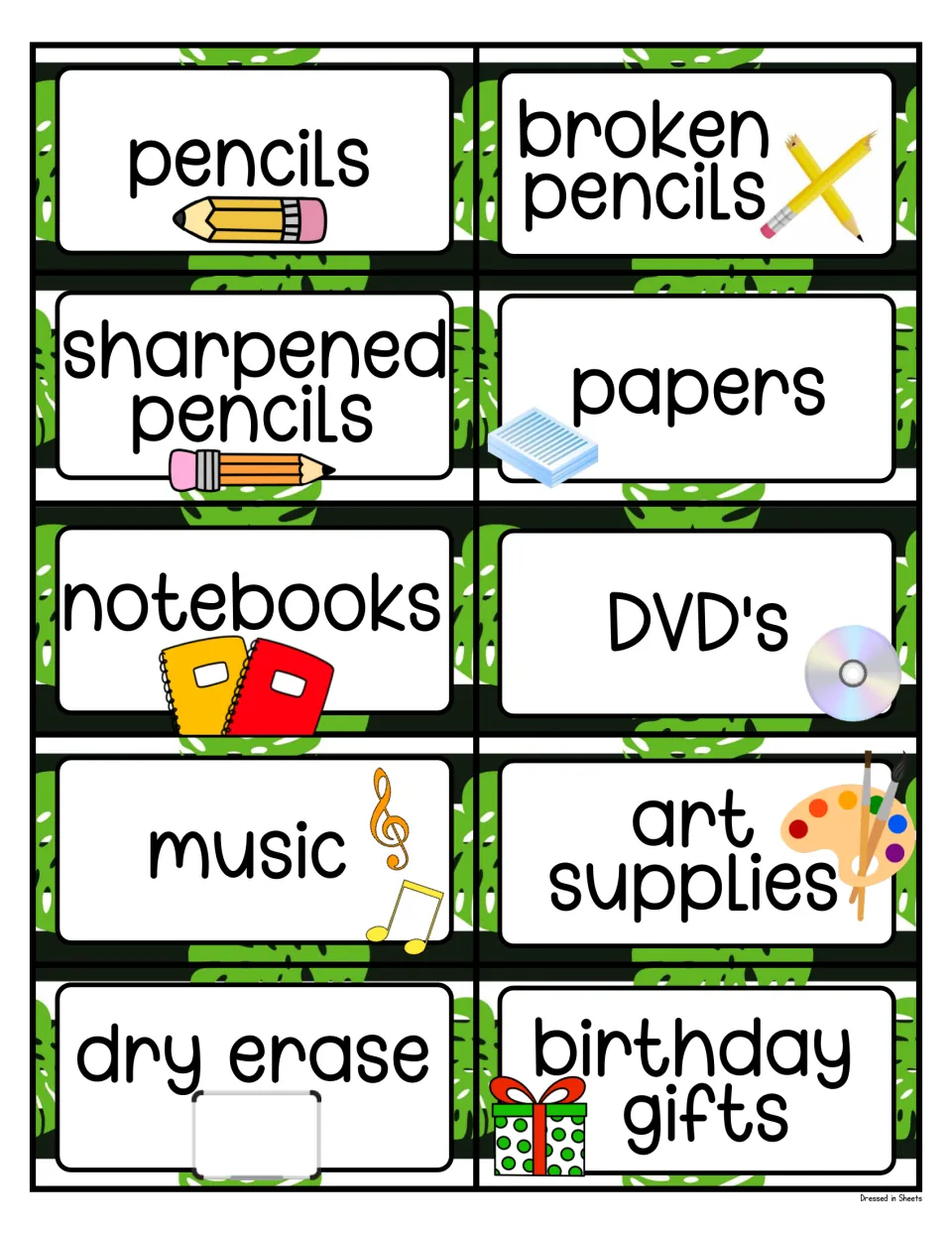 Pencil and material labels: pencils, broken and sharpened pencils, papers, notebooks, DVD's, music, art supplies, dry erase