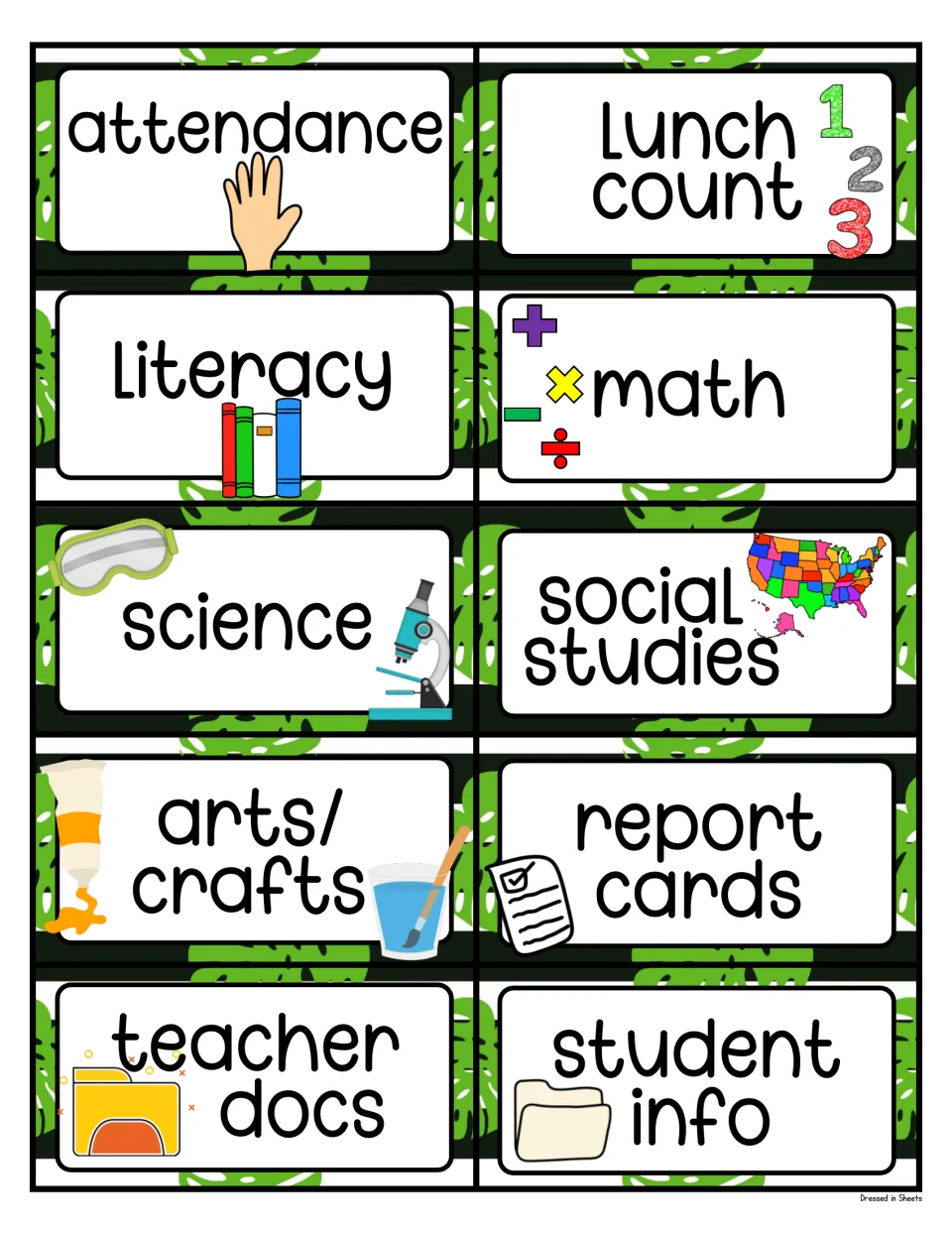 Subject and file labels: attendance, lunch count, literacy, math, science, social studies, arts/crafts, report cards
