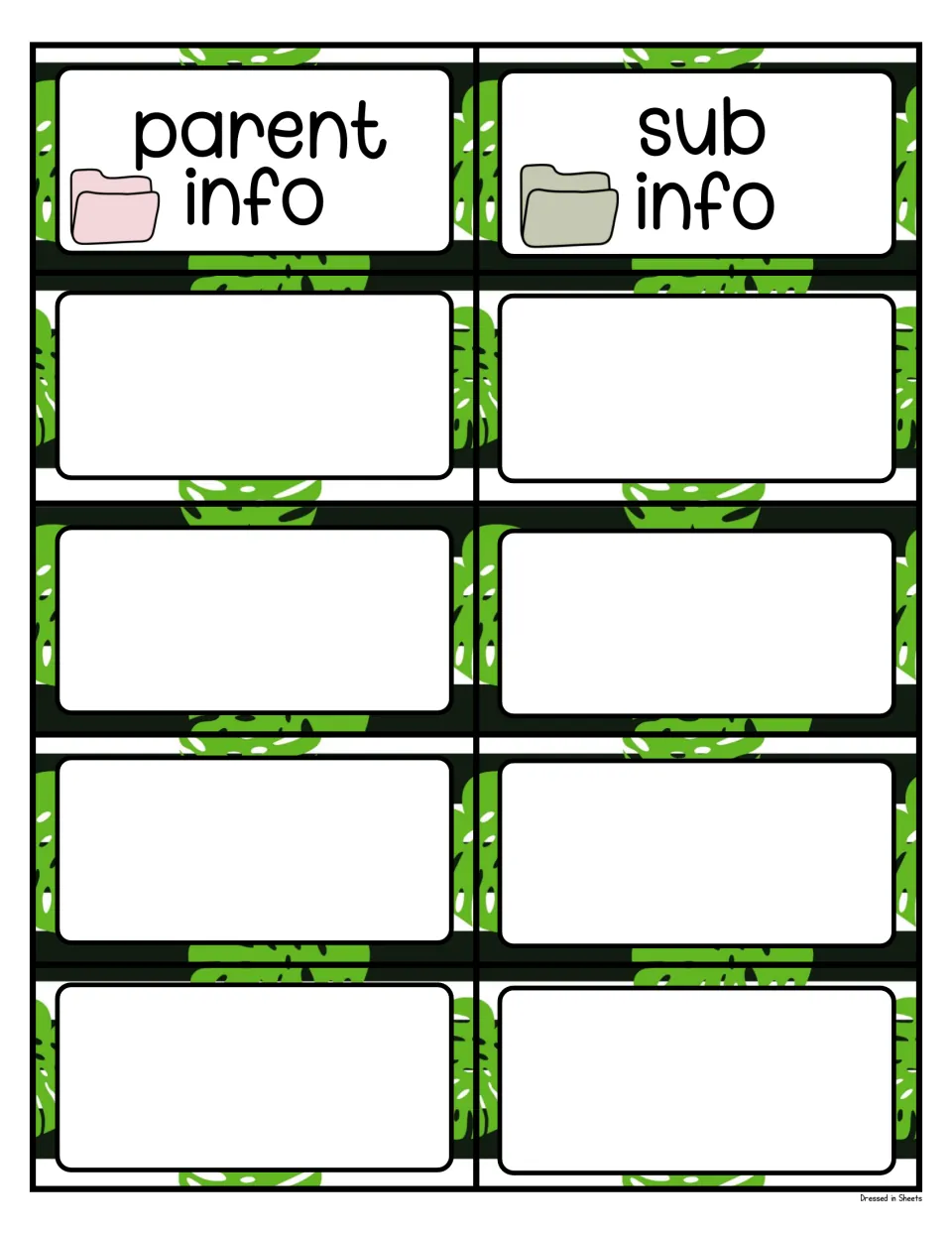 Parent info and sub info folder labels, followed by eight blank leaf-trimmed labels to write your own classroom names on