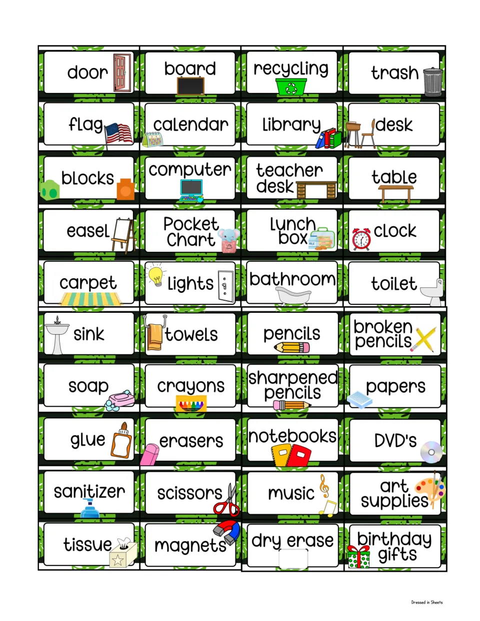Smaller print size of the room, supply and pencil labels, door through birthday gifts, forty to one sheet