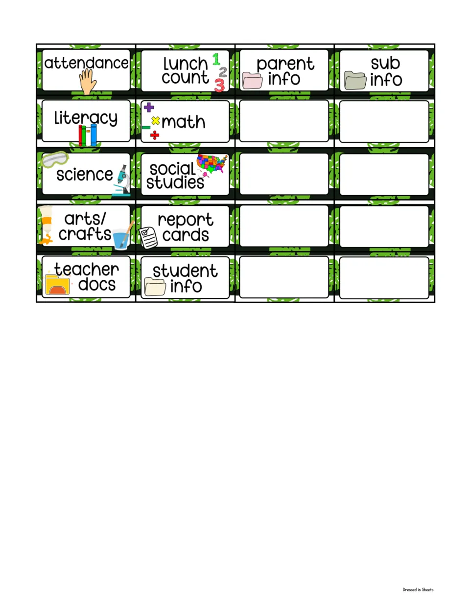 Smaller print size of subject and file labels, attendance to student info plus parent and sub info, with blanks to fill in