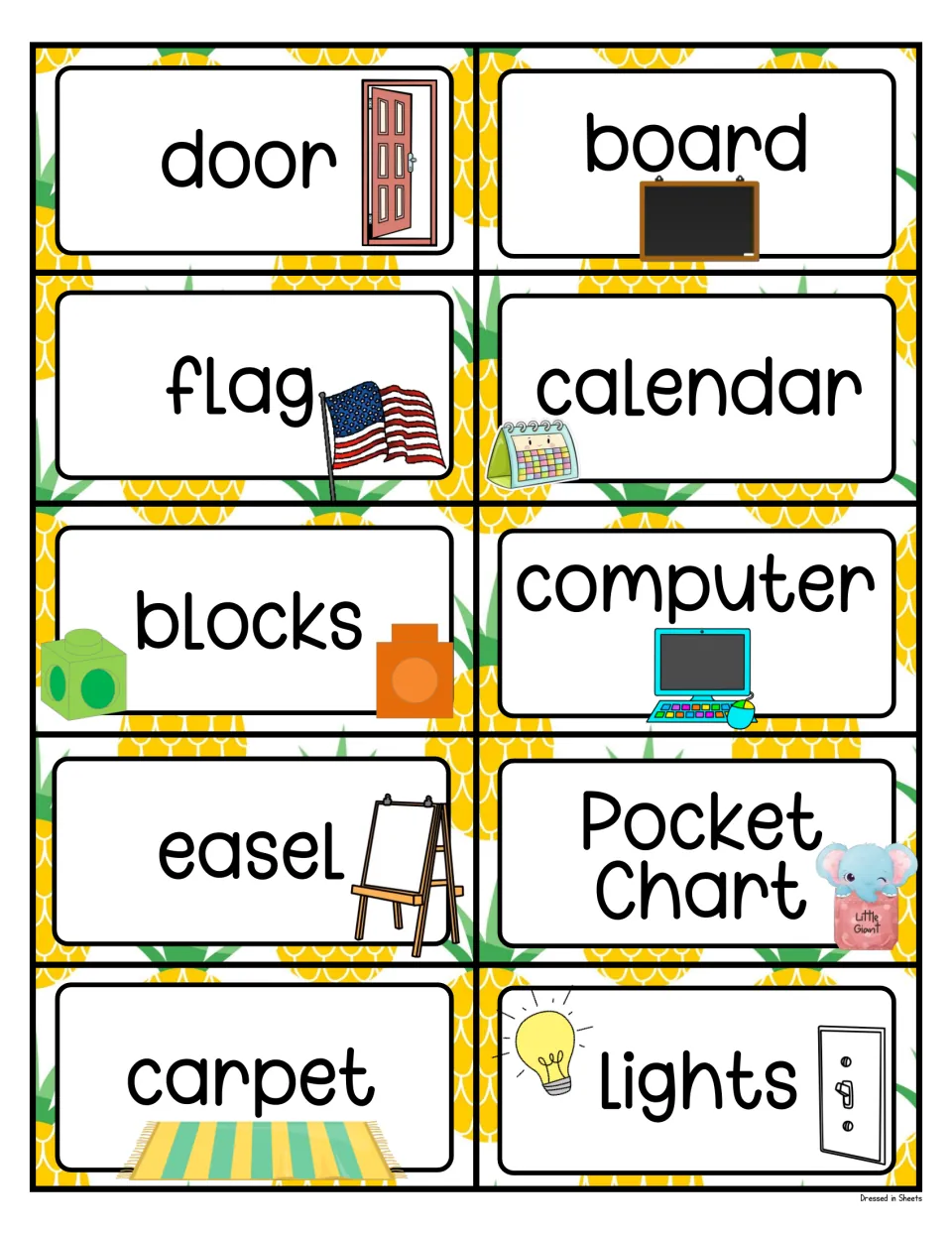 Room labels with pictures: door, board, flag, calendar, blocks, computer, easel, pocket chart, carpet, lights