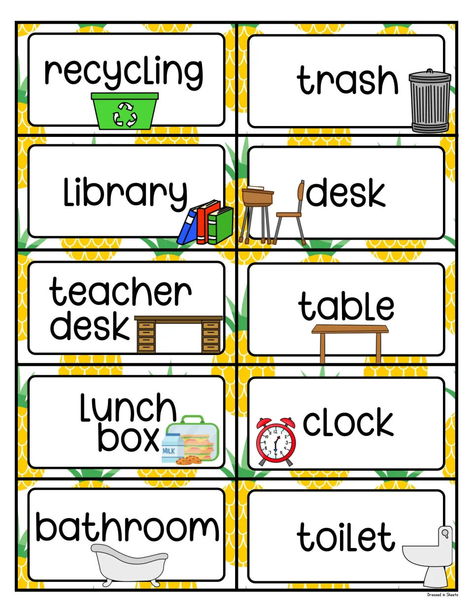 Picture labels for recycling, trash, library, desk, teacher desk, table, lunch box, clock, bathroom and toilet
