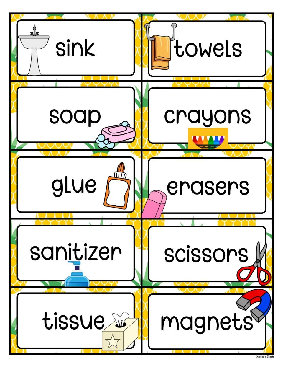 Sink-area and supply labels: sink, towels, soap, crayons, glue, erasers, sanitizer, scissors, tissue and magnets