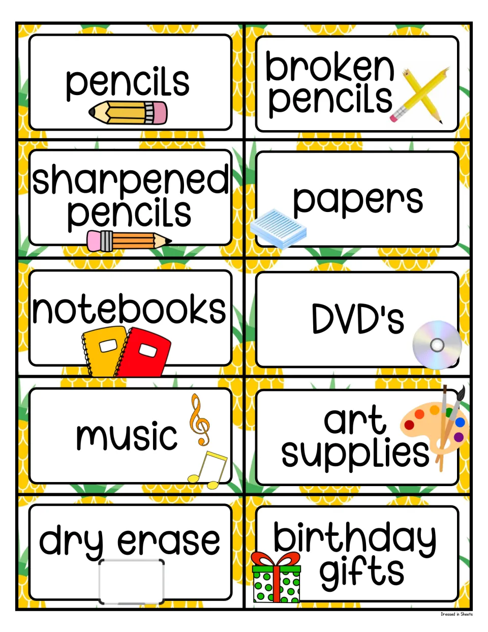 Labels: pencils, broken and sharpened pencils, papers, notebooks, DVD's, music, art supplies, dry erase and birthday gifts