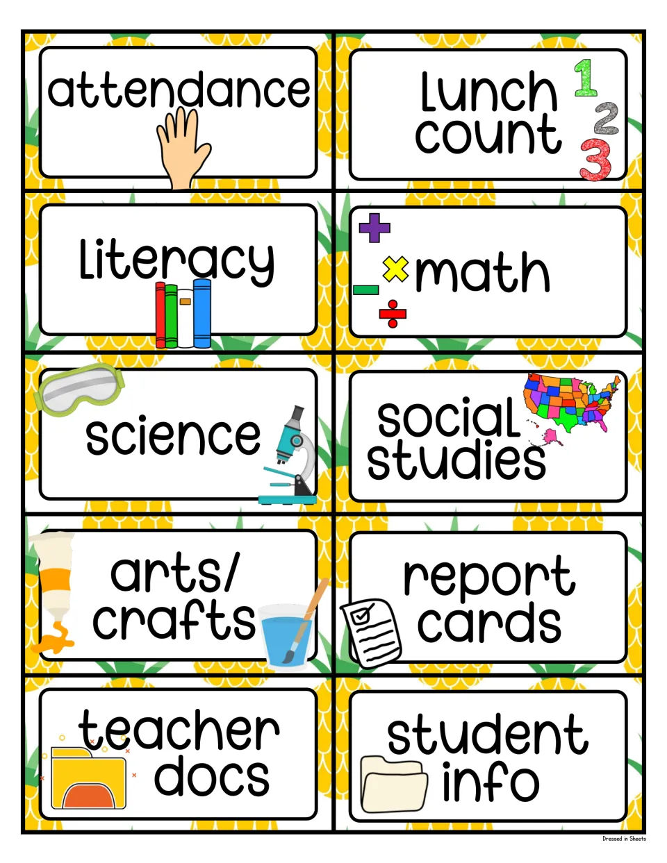 Subject and office labels: attendance, lunch count, literacy, math, science, social studies, arts/crafts and report cards