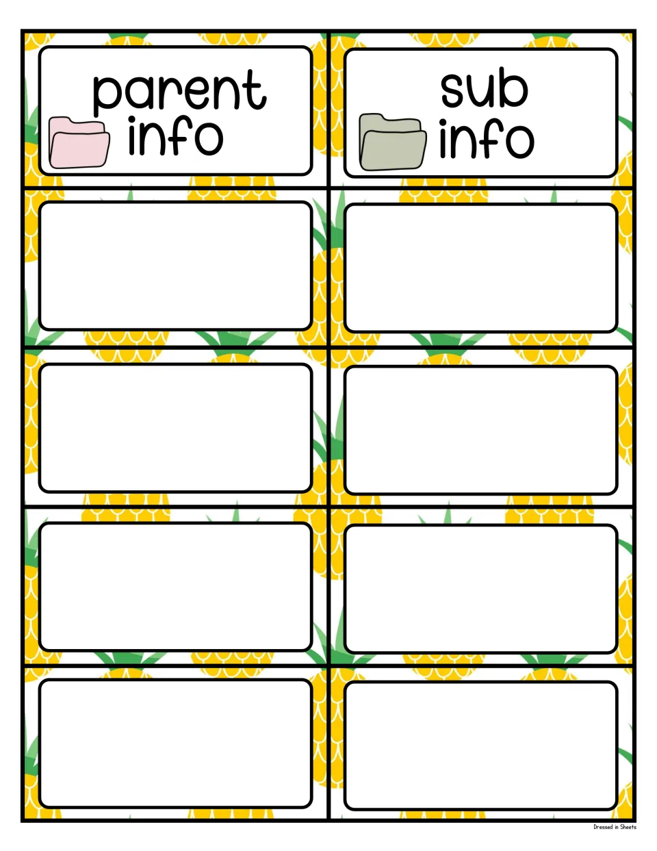 Parent info and sub info folder labels, plus eight blank pineapple labels to write in your own classroom items