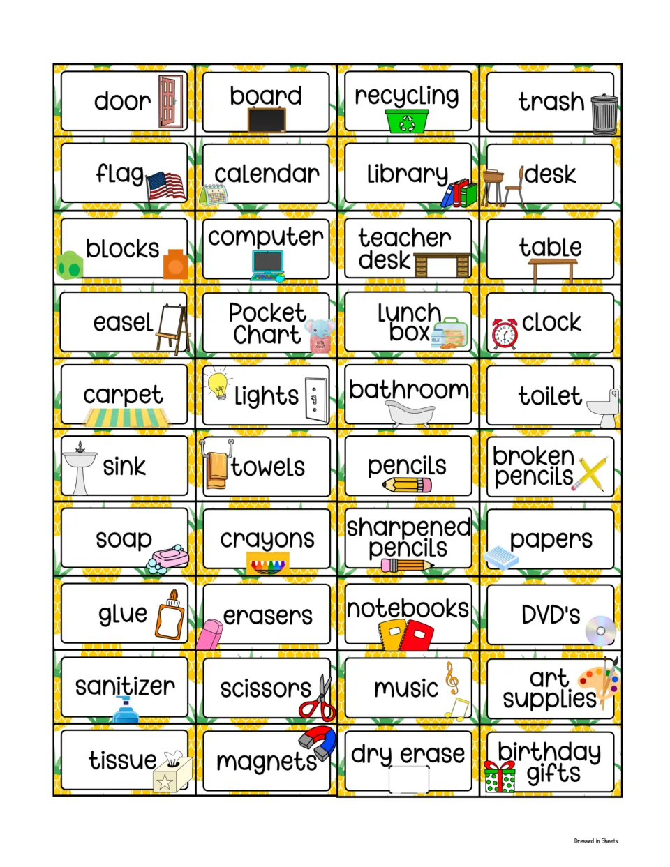 Small-size versions of 40 picture labels, from door, board and recycling through magnets, dry erase and birthday gifts