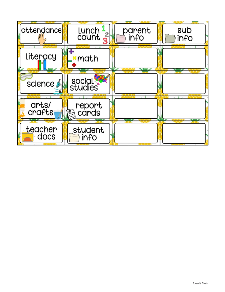 Small labels for attendance, lunch count, literacy, math, science, report cards, parent and sub info, with eight blank ones