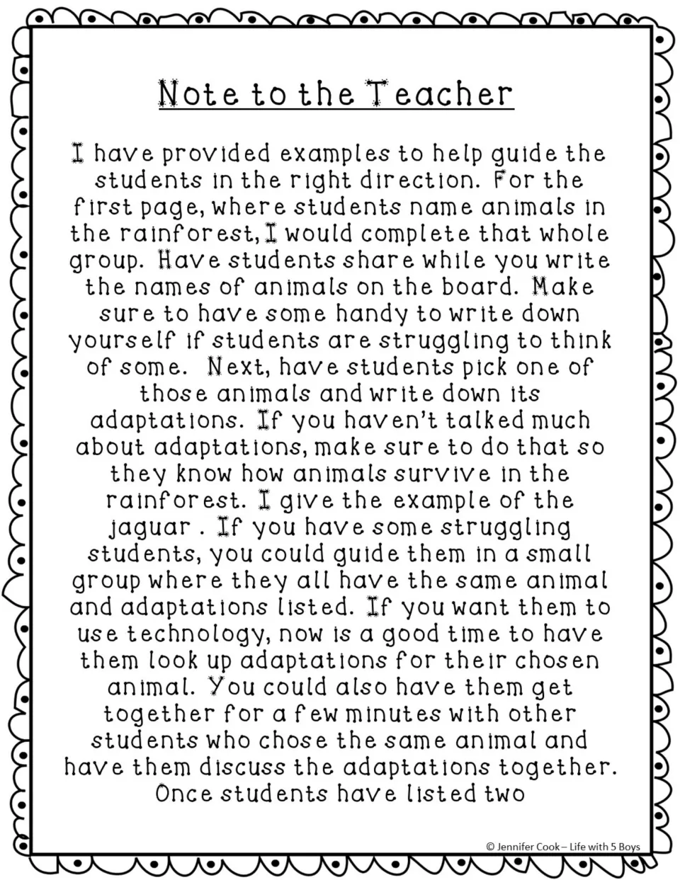 Teacher guidance for brainstorming rainforest animals, choosing one, and identifying its survival adaptations
