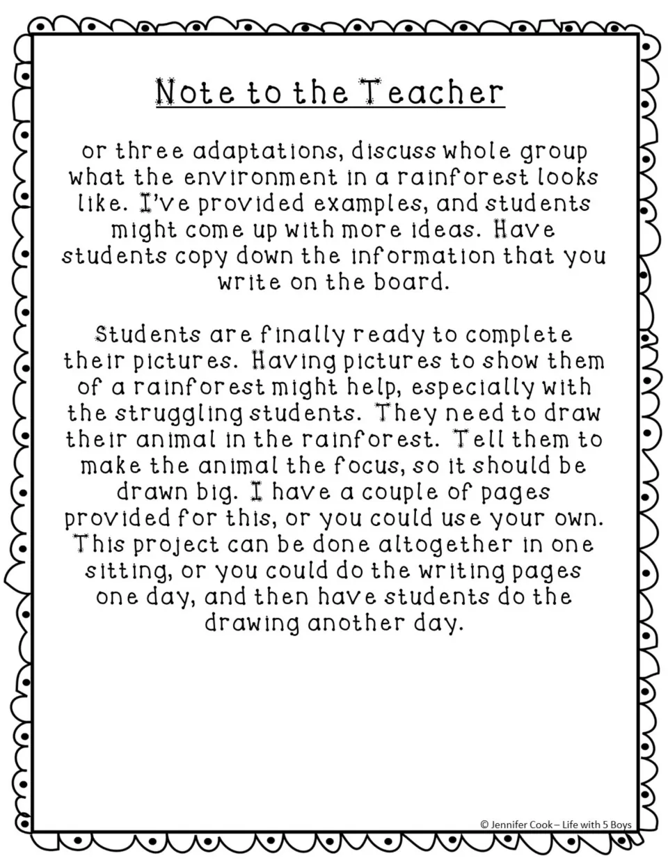 Teacher guidance for discussing rainforest features and drawing an animal, with options for pacing the project