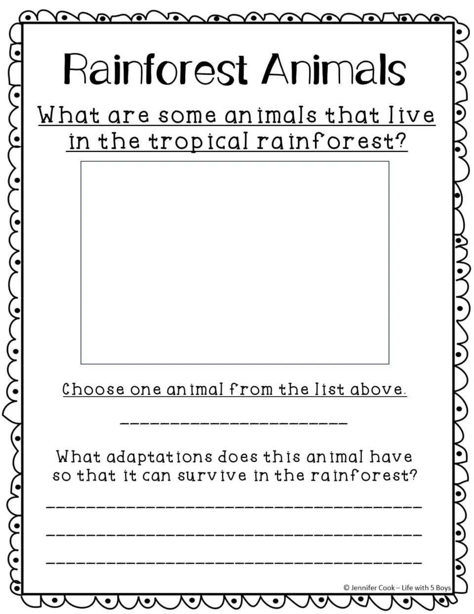 Animal planning worksheet asks students to list tropical rainforest animals, choose one, and name its adaptations
