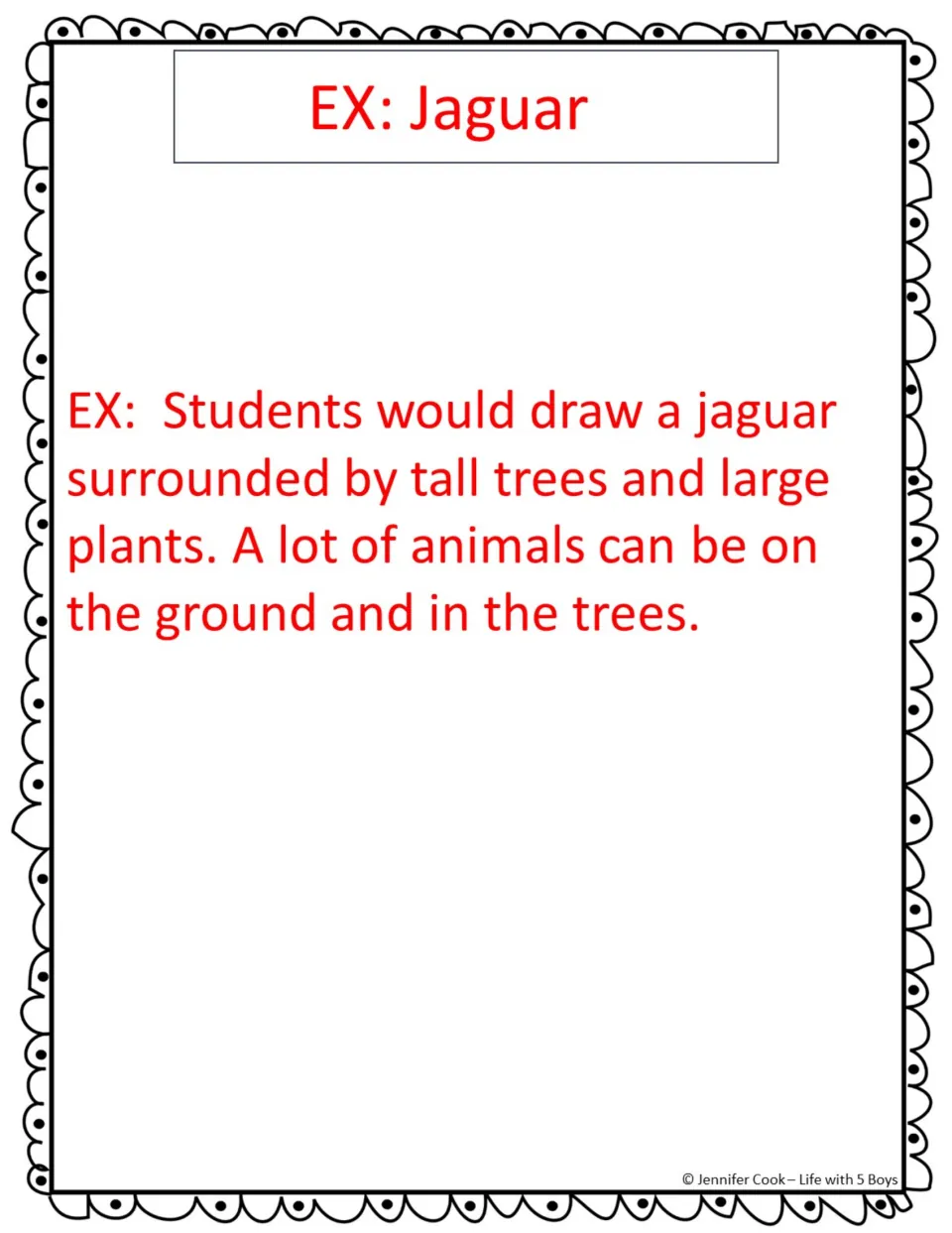 Drawing example guidance describes a jaguar surrounded by tall trees and large plants, with other animals